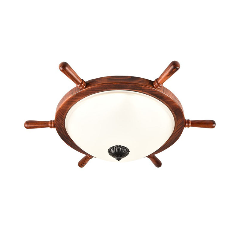 Rural Style Wood Frame 2 - Light Flush Mount With Opal Glass Bowl Shade