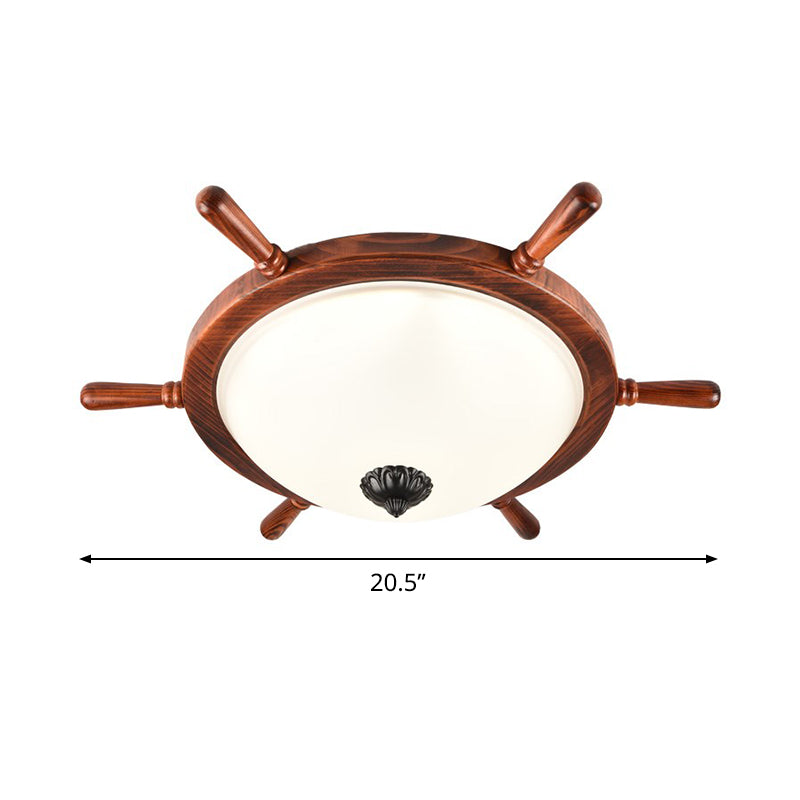 Rural Style Wood Frame 2-Light Flush Mount With Opal Glass Bowl Shade