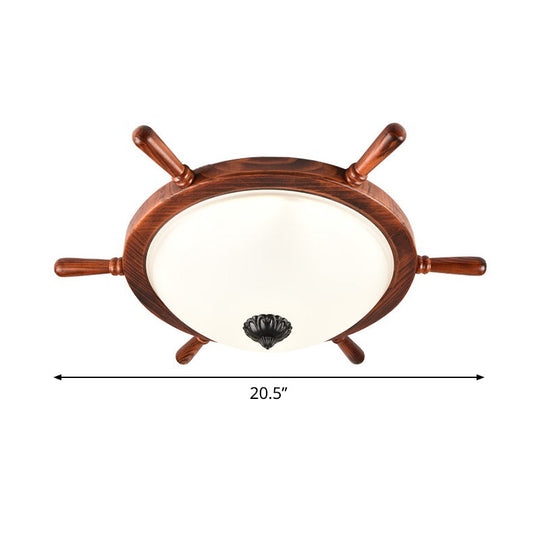 Rural Style Wood Frame 2-Light Flush Mount With Opal Glass Bowl Shade