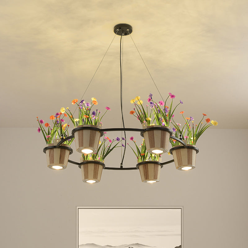 Industrial Wooden Ceiling Chandelier - Round Pendant With Potted Plant In Black 3/6/9 Lights
