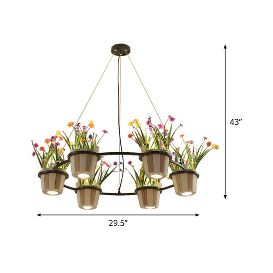 Industrial Wooden Ceiling Chandelier - Round Pendant With Potted Plant In Black 3/6/9 Lights