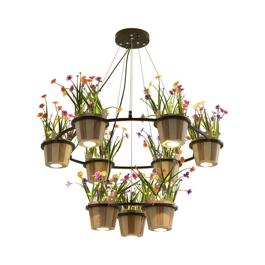 Industrial Wooden Ceiling Chandelier - Round Pendant With Potted Plant In Black 3/6/9 Lights