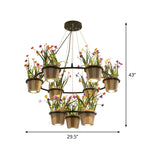 Industrial Wooden Round Ceiling Chandelier With 3/6/9 Black Pendant Lights And Potted Plant Décor