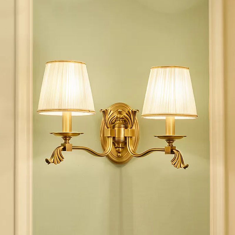 Gold Tapered Fabric Wall Sconce Lamp - Colonial Style Bedroom Light Fixture