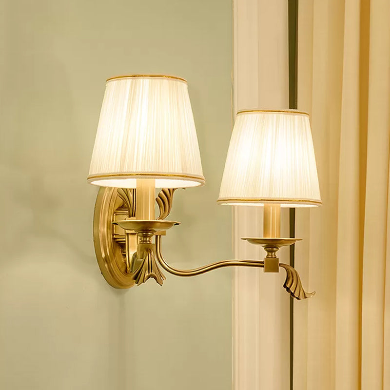 Gold Tapered Fabric Wall Sconce Lamp - Colonial Style Bedroom Light Fixture 2 /