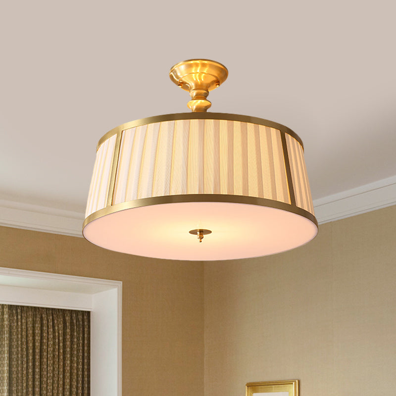 Gold Colonial Semi Flush Light With 4 Fabric - Covered Heads For Bedroom Ceilings