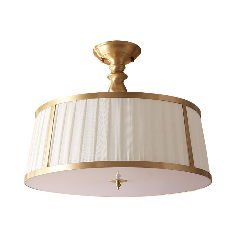Gold Colonial Semi Flush Light With 4 Fabric-Covered Heads For Bedroom Ceilings