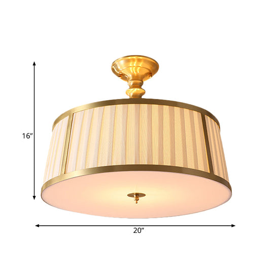Gold Colonial Semi Flush Light With 4 Fabric - Covered Heads For Bedroom Ceilings