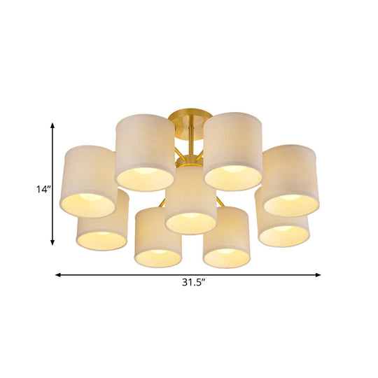 Colonial Fabric Cylinder Semi Mount Ceiling Light - Gold Finish 9 Lights Living Room Lighting