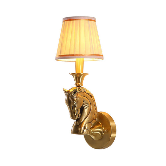 Rustic Fabric Conical Wall Light: Gold Hallway Sconce With Horse Head Arm