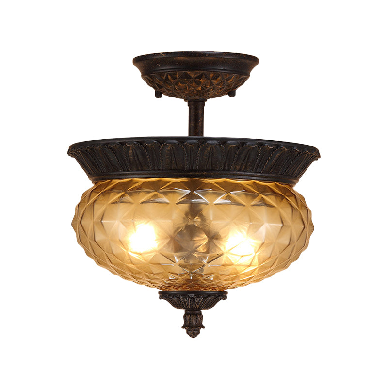 2 - Light Countryside Black Semi Flush Ceiling Light With Prismatic Glass - Ideal For Dining Room