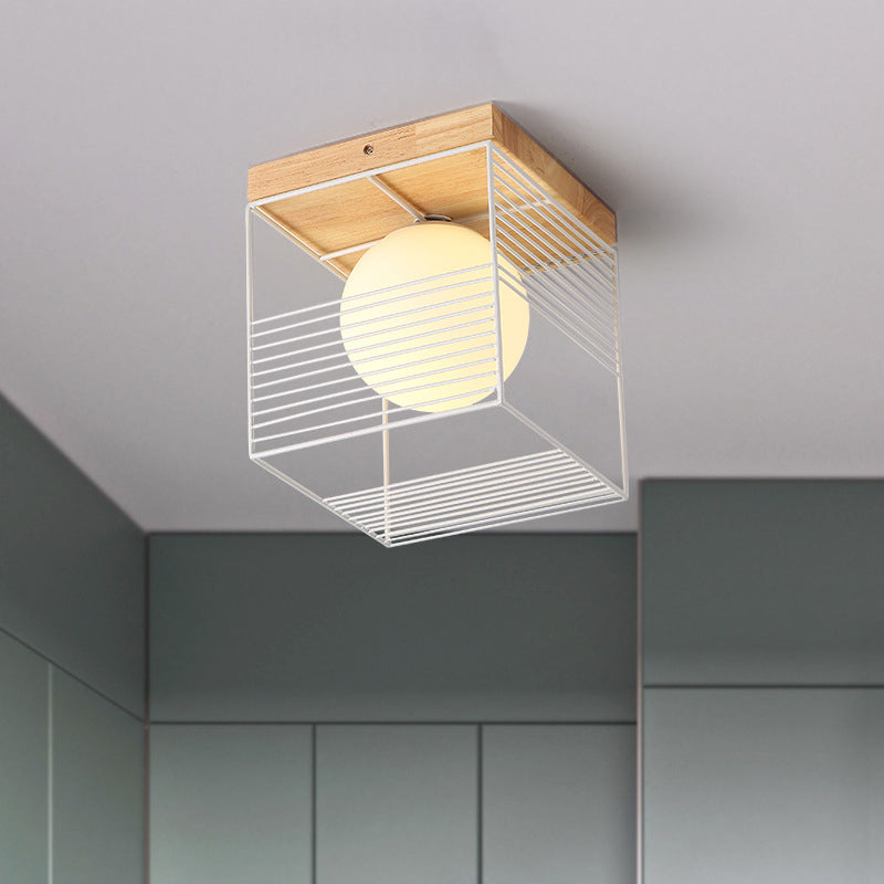 Minimalist Nordic Cage Ceiling Light With Glass Shade And Wood Canopy - Black/White Cubic Iron Flush