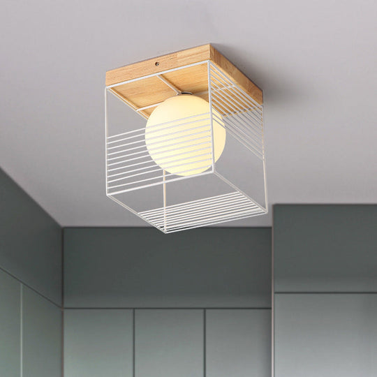 Minimalist Nordic Cage Ceiling Light With Glass Shade And Wood Canopy - Black/White Cubic Iron Flush