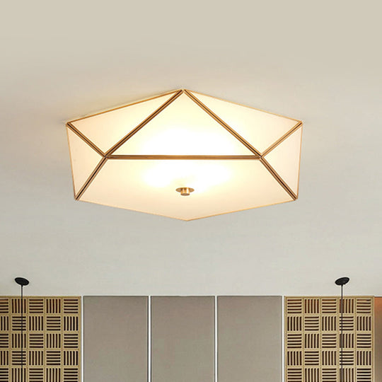 Gold Flush Mount Ceiling Light - Beveled Box Hotel Design Frosted White Glass Post - Modern Style