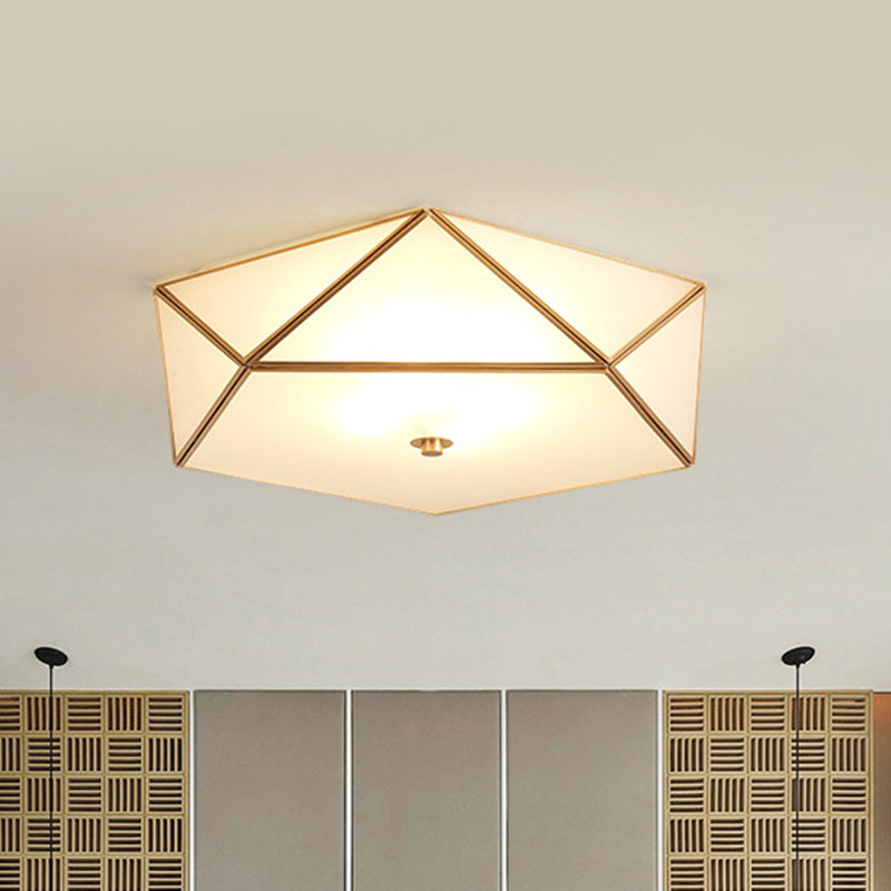 Gold Flush Mount Ceiling Light - Beveled Box Hotel Design Frosted White Glass Post-Modern Style