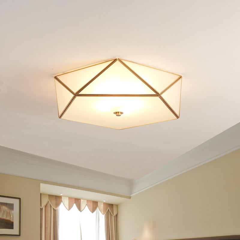 Gold Flush Mount Ceiling Light - Beveled Box Hotel Design Frosted White Glass Post - Modern Style