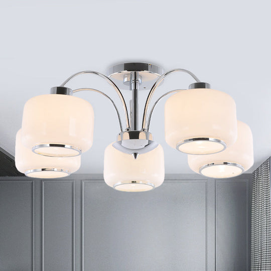 Modern Chrome Arched Semi Flush Light With 5 Metal Heads And Opal Glass Shade