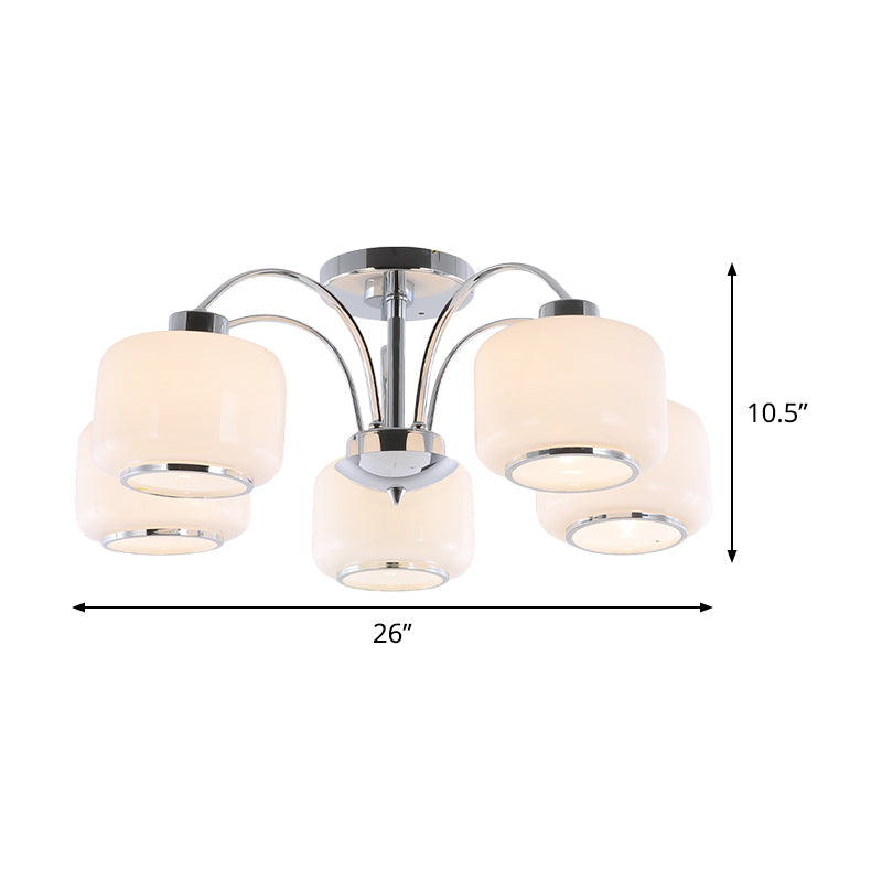Modern Chrome Arched Semi Flush Light With 5 Metal Heads And Opal Glass Shade