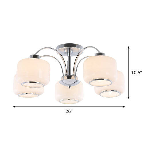 Modern Chrome Arched Semi Flush Light With 5 Metal Heads And Opal Glass Shade