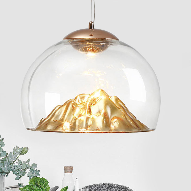 Contemporary Gold Led Pendant Lamp With Clear Glass Hemisphere And Lava Designed Bottom - Warm/White