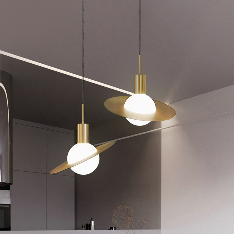 Gold Planetoid Pendant Light With Opaline Glass Shade - Postmodern Ceiling Fixture For Table
