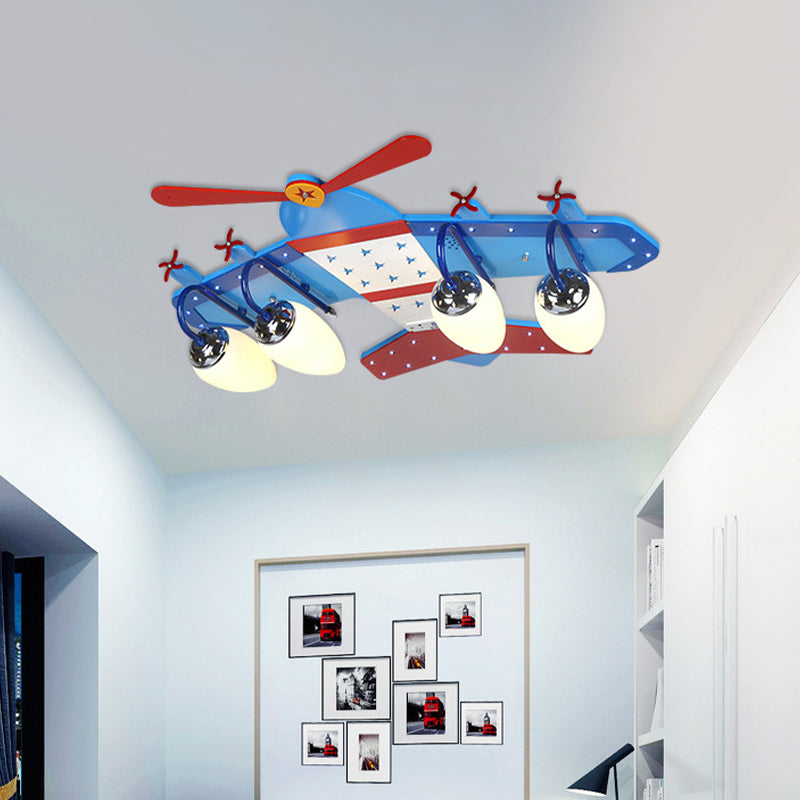 Blue Plane Ivory Glass Flushmount Lighting For Boys Bedroom - 3/4 Heads Ceiling Fixture