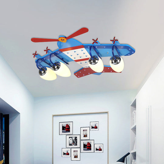 Blue Plane Ivory Glass Flushmount Lighting For Boys Bedroom - 3/4 Heads Ceiling Fixture