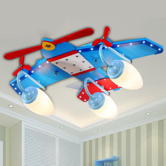 Blue Plane Ivory Glass Flushmount Lighting For Boys Bedroom - 3/4 Heads Ceiling Fixture