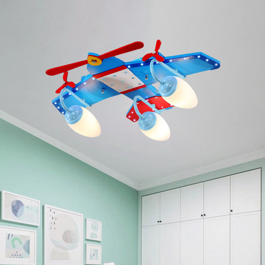 Blue Plane Ivory Glass Flushmount Lighting For Boys Bedroom - 3/4 Heads Ceiling Fixture 3 /