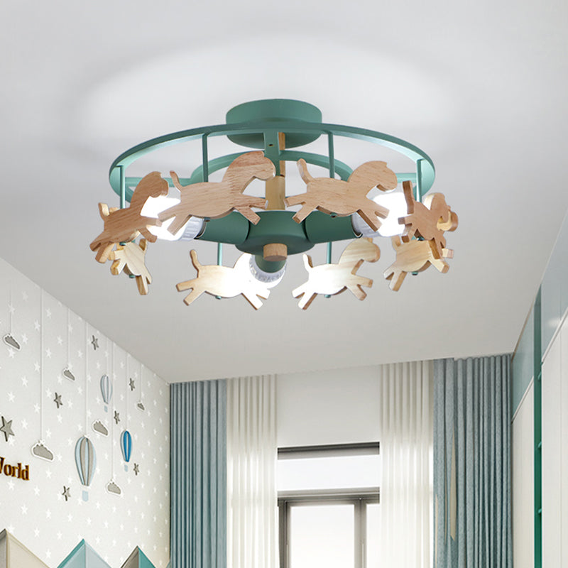 Round Semi-Flush Ceiling Light Macaroon 3-Bulb Grey/White/Green - Wooden Horse Design