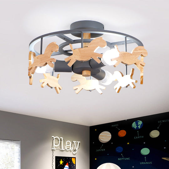 Round Semi - Flush Ceiling Light Macaroon 3 - Bulb Grey/White/Green - Wooden Horse Design Grey