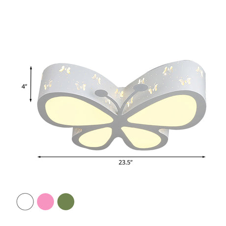 Kids Led Flushmount Ceiling Lamp - Metal Butterfly Flush Mount Lighting Fixture In Pink/White/Green