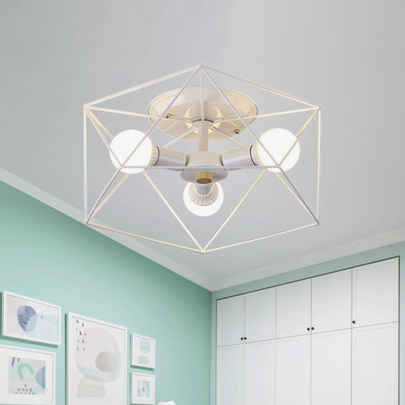 Nordic Iron Flush Mount Ceiling Light With Hexagon Cage | White| 3/6 Bare Bulb-Lit Fixtures