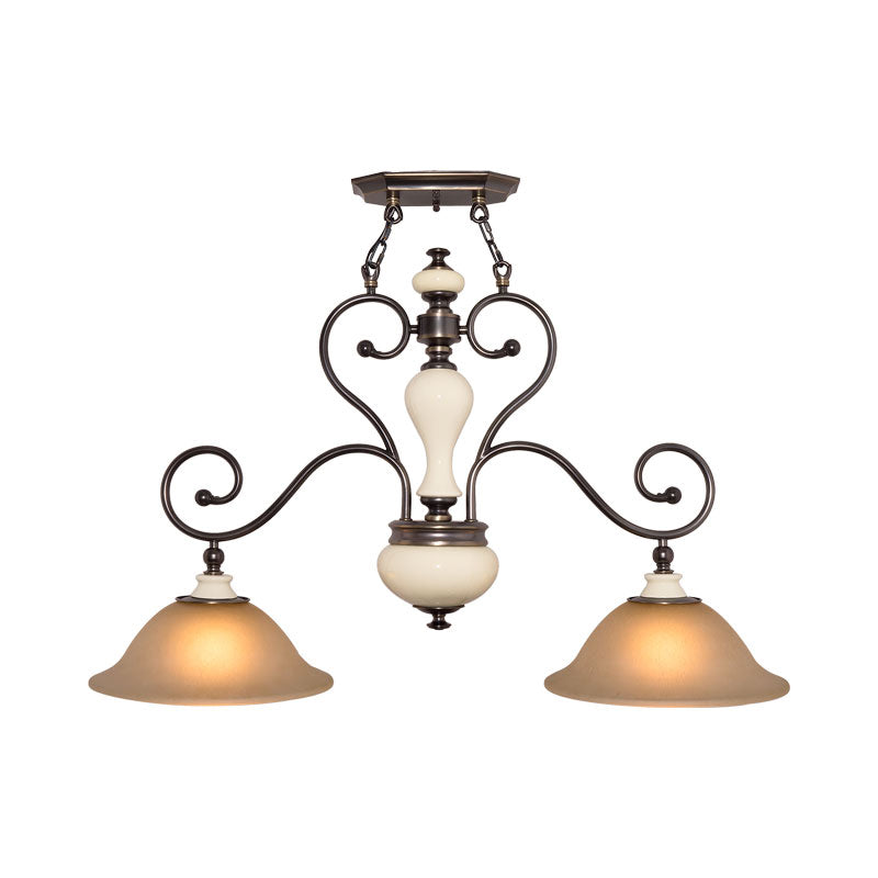 Modern Countryside Style Chandelier Light - White Glass Black Island Lamp With Flared 2 Heads And
