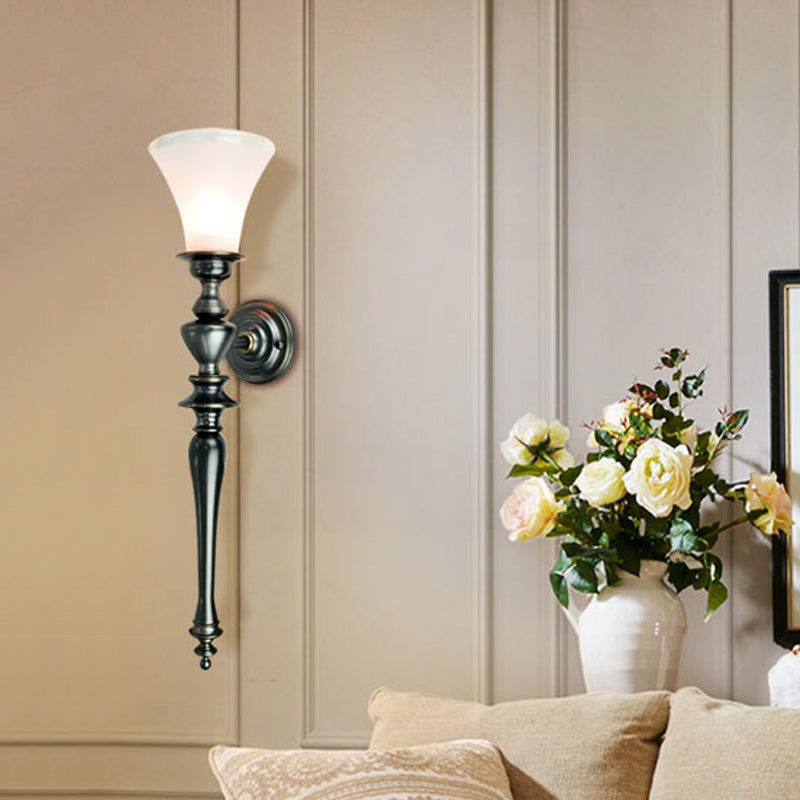Retro Black Flared Wall Sconce: Cream Glass Linear Metal Arm - Perfect For Living Room