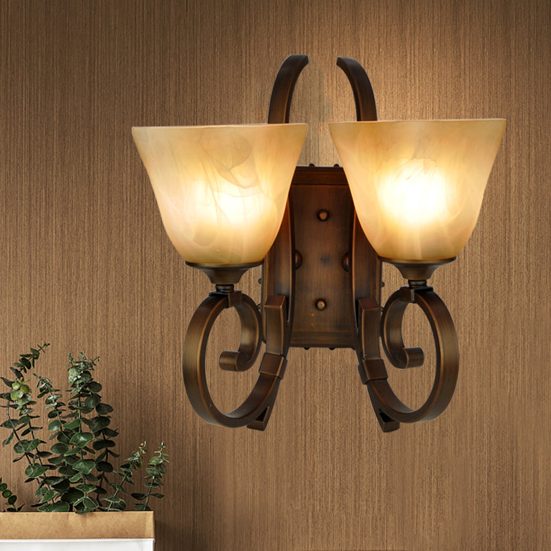 Bronze Scrolling Arm Wall Lamp With Frosted Glass - Traditional Bell Sconce Lighting Dual Bulb Mount