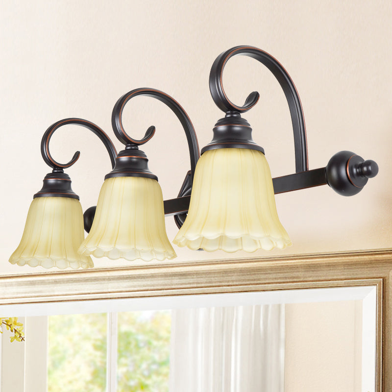 Rural Frosted Glass Vanity Lighting With Swirl Arm - Black Flared Wall Sconce (2/3 Heads)