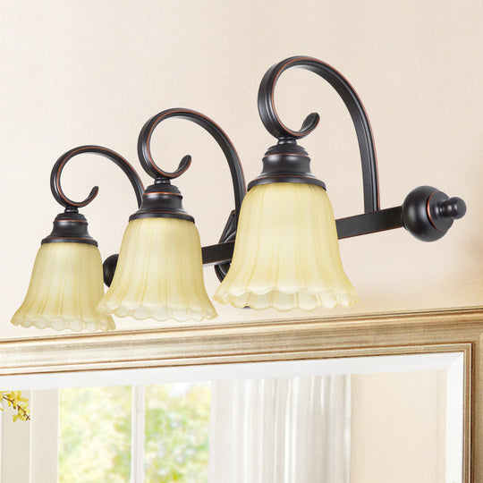 Rural Frosted Glass Vanity Lighting With Swirl Arm - Black Flared Wall Sconce (2/3 Heads)