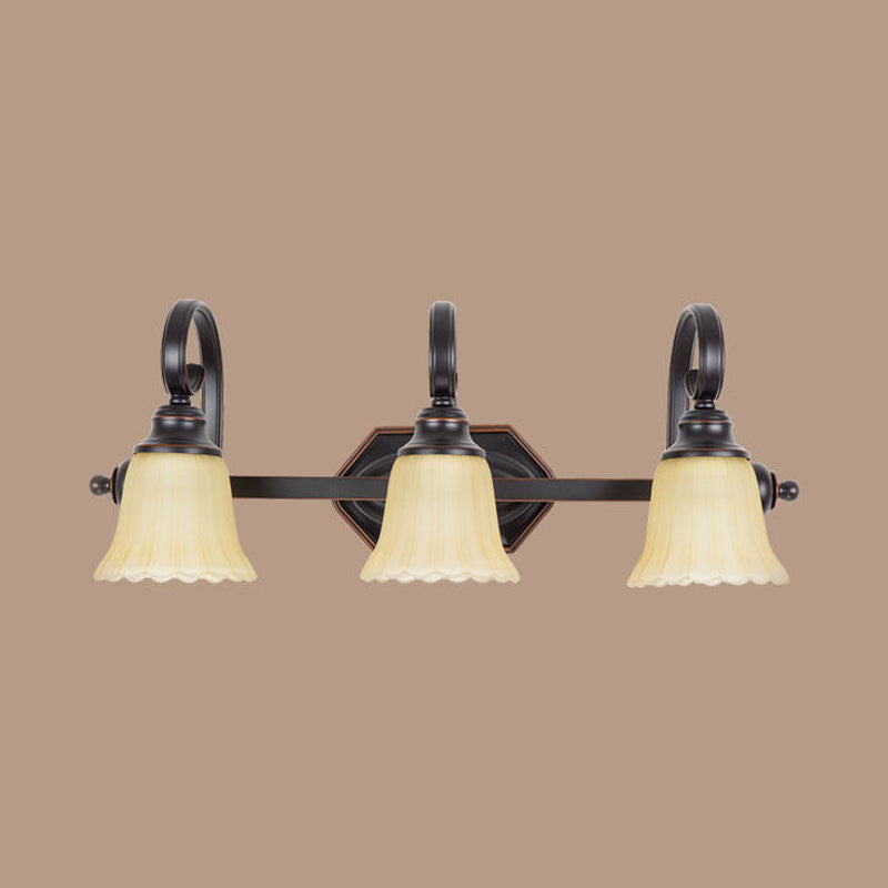 Rural Frosted Glass Vanity Lighting With Swirl Arm - Black Flared Wall Sconce (2/3 Heads)