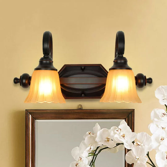 Rural Frosted Glass Vanity Lighting With Swirl Arm - Black Flared Wall Sconce (2/3 Heads)