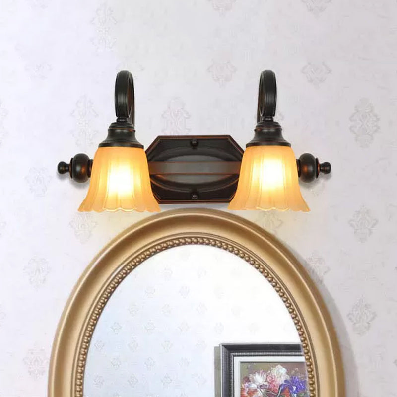 Rural Frosted Glass Vanity Lighting With Swirl Arm - Black Flared Wall Sconce (2/3 Heads)