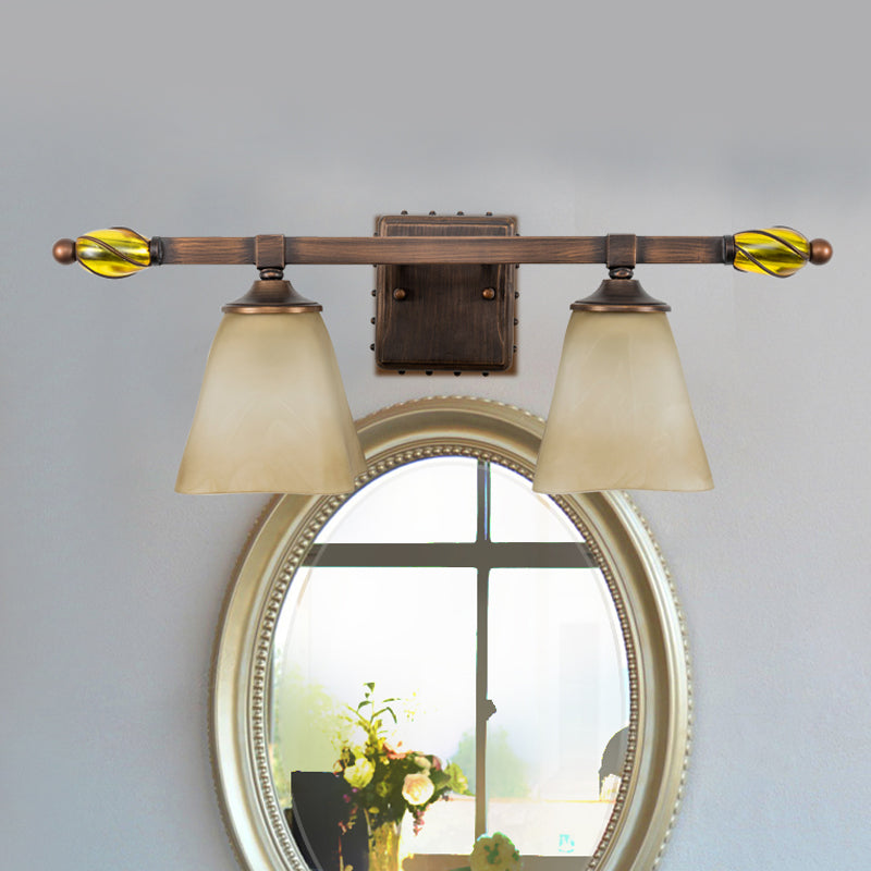 Country Style Frosted Glass Brass Vanity Lamp With Paneled Bell Design - 2/3 Lights Wall Sconce For