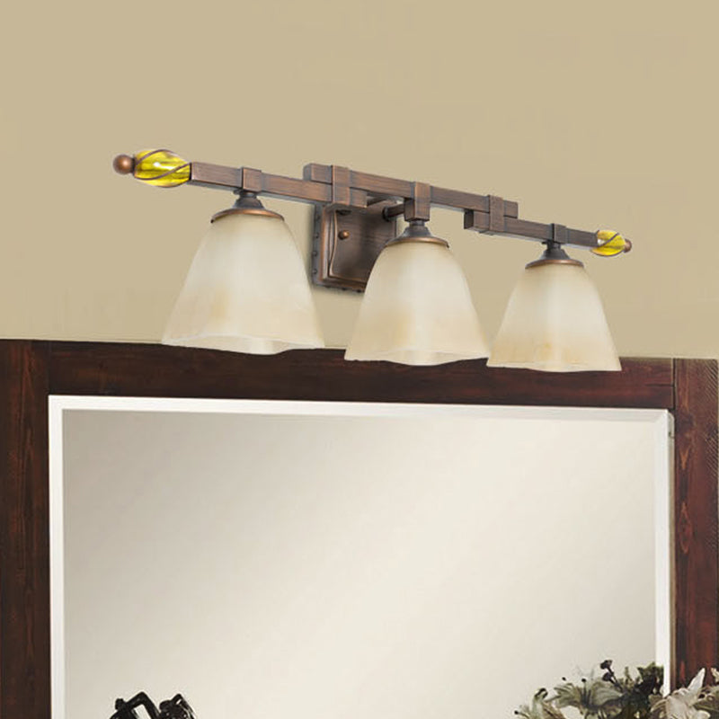 Country Style Frosted Glass Brass Vanity Lamp With Paneled Bell Design - 2/3 Lights Wall Sconce For