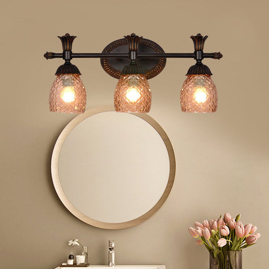Black Metal Wall Mount Vanity Light: Clear Prismatic Glass Dome Traditional Style 2/3-Light Bathroom