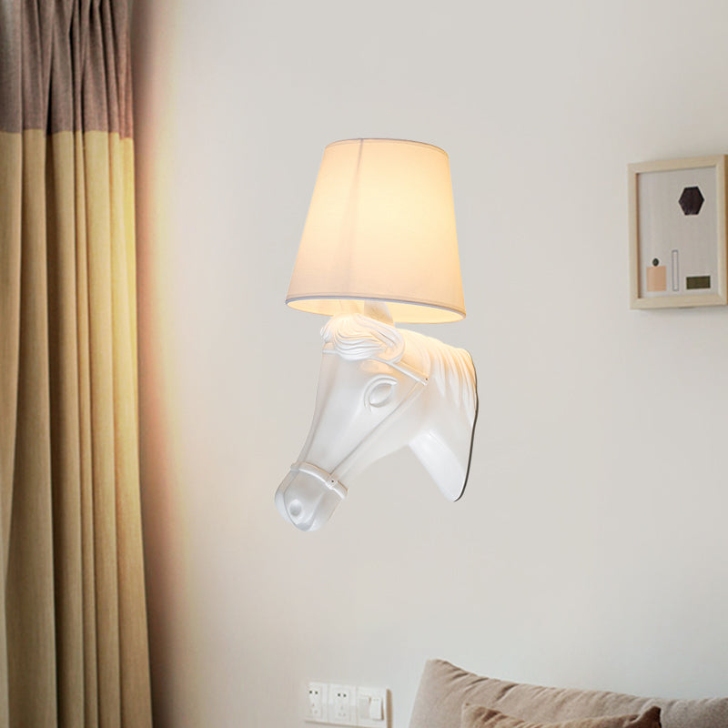 Vintage Barrel Sconce Wall Light With Horse Head Design - White Fabric Lamp Shade 1 Bulb