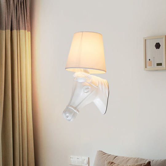 Vintage Barrel Sconce Wall Light With Horse Head Design - White Fabric Lamp Shade 1 Bulb