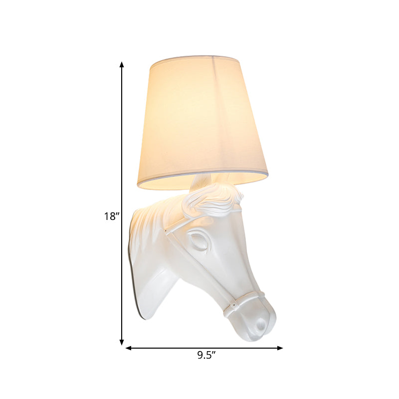 Vintage Barrel Sconce Wall Light With Horse Head Design - White Fabric Lamp Shade 1 Bulb