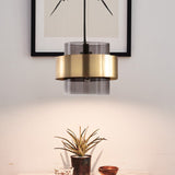 Mid Century Single-Bulb Pendant Light With Smoke Grey Glass And Gold Ring Guard - Ideal For Hanging