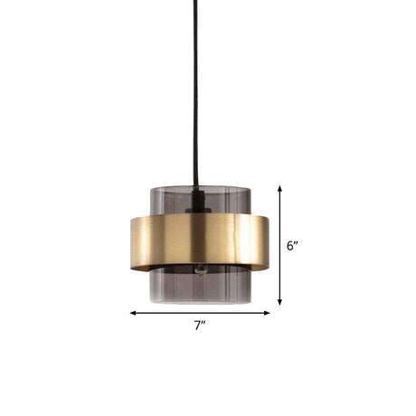 Mid Century Single-Bulb Pendant Light With Smoke Grey Glass And Gold Ring Guard - Ideal For Hanging