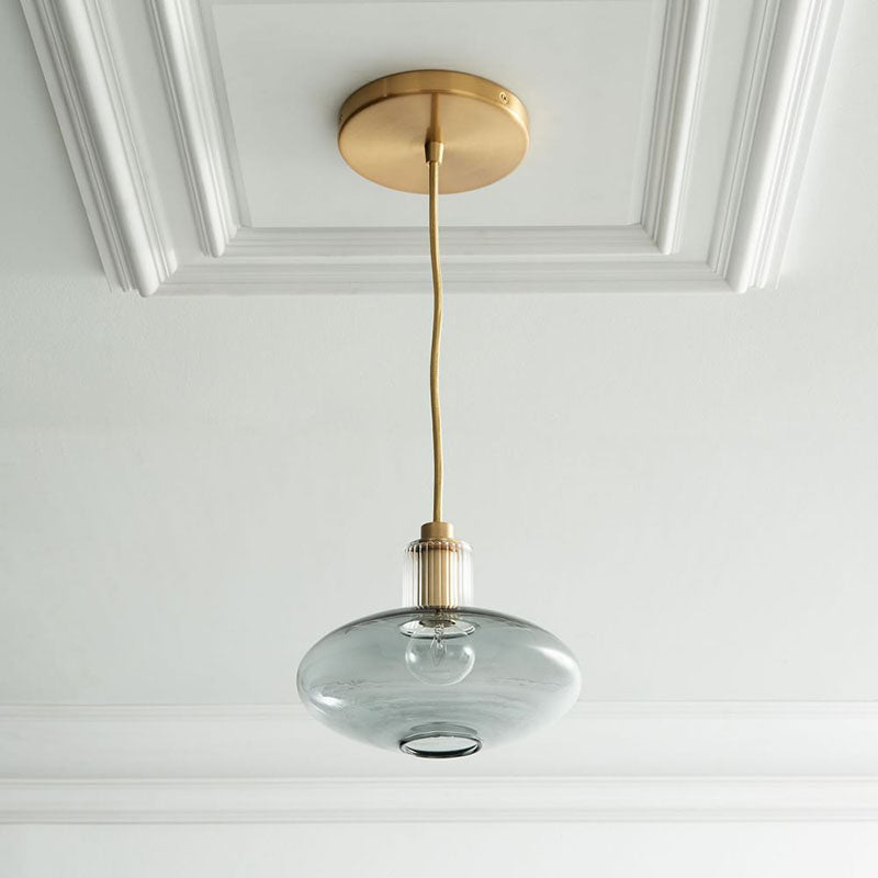 Mid Century Blue Glass Oval Hanging Light - Brass Accents Dining Room Pendant Lighting 1 Bulb